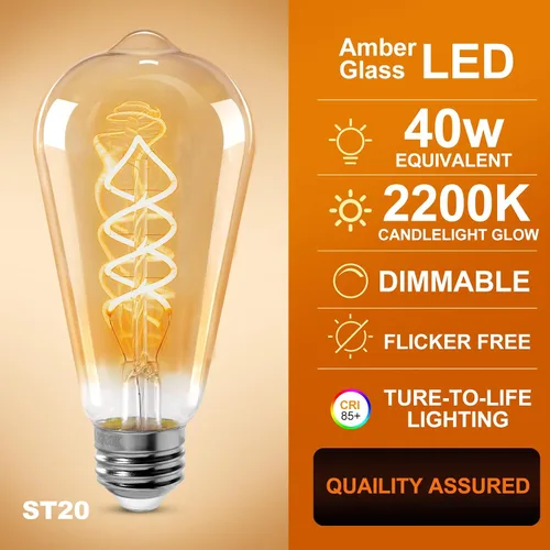 Miniatura 2 de ST64 Bombillas LED E26 Vintage Edison, vidrio ámbar, regulable, 4 W (equivalente a 40 W) 300 lúmenes, blanco ultra cálido de 2200 K, diseño