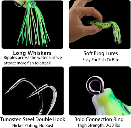 Miniatura 6 de 5 piezas de conjuntos de señuelos de rana de agua superior con caja de cebo, señuelos de pesca de rana rayada de agua superior, cebo suave