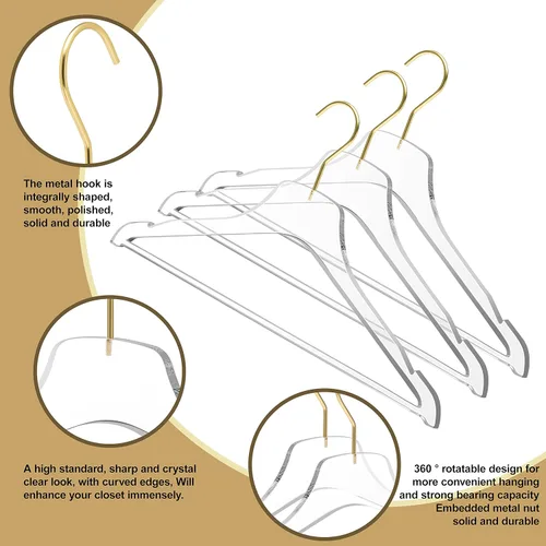 Miniatura 2 de Quality Hangers Perchas de acrílico transparente Lucite – Paquete de 5 con barra de ganchos dorados mate – Perchas para ropa como pantalones, Gancho