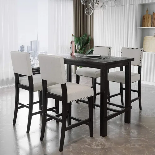 P PURLOVE Juego de mesa de cocina de 5 piezas, mesa de comedor de altura de mostrador con mesa rectangular y 4 sillas acolchadas para lugares