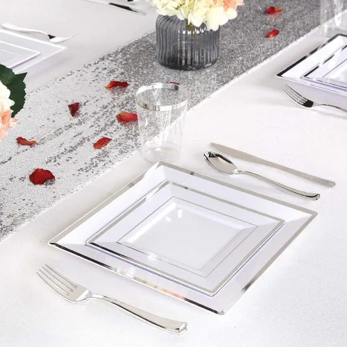 Miniatura 3 de WDF Platos de postre de plástico plateado con tenedores de plástico, 100 platos cuadrados desechables para aperitivos, platos pequeños con borde