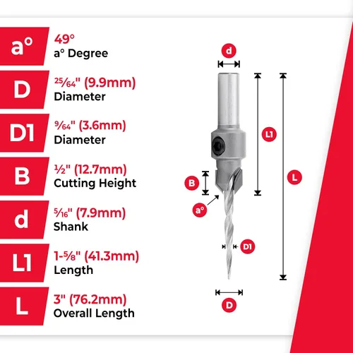 Miniatura 4 de Amana Tool Broca cónica avellanadora con punta de carburo de 82 grados, 55604, 6 tornillos, 3/8 de diámetro x 9/64 de diámetro x vástago redondo