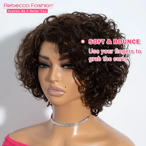 Miniatura 6 de Rebecca Fashion Pelucas de cabello humano rizado corto para mujeres negras, parte lateral, linda peluca rizada estilo Bob, brasileña Remy, sin