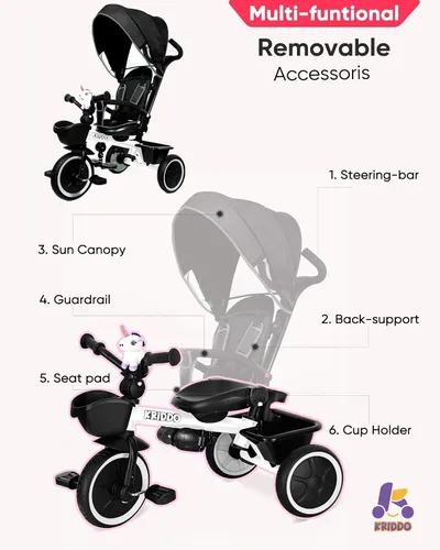 Miniatura 4 de KRIDDO Cochecito de triciclo 7 en 1 para niños pequeños de 18 meses a 5 años, mango de empuje ajustable, asiento giratorio, portavasos y toldo Blanco
