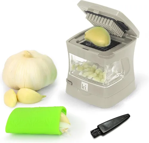 Prensa de ajo Garlic-A-Peel, trituradora, cortadora, picadora y contenedor de almacenamiento - Incluye pelador de ajo de silicona - Fácil de limpiar