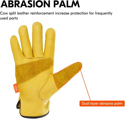 Miniatura 5 de Vgo... 3 pares de guantes de trabajo y conductor de cuero de vaca sin forro con parche de palma de cuero dividido de vaca (talla M, dorado, CA9590)