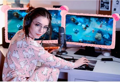 Miniatura 6 de Remagr 2 fundas Kawaii para monitor de computadora de 20 a 29 pulgadas con diseño de orejas de gato, lindo protector de polvo para monitor rosa