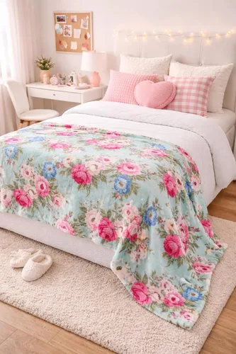 Miniatura 4 de Serafina Home Manta floral de vellón de terciopelo primaveral: jardín de rosas de flores rosas, azules, verdes en un diseño colorido suave