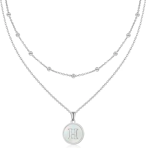 ASHFUHZL Initial Necklaces for Women,18K Gold Silver Rose Gold Shell Letter Necklaces for Girls,Coin Pendants Stainless Steel Layered Initial