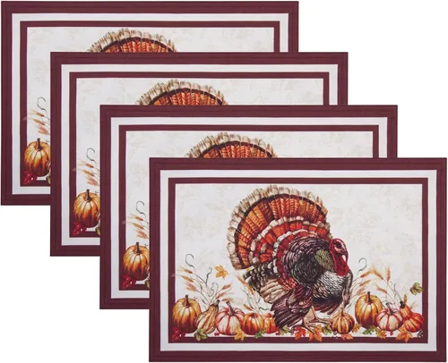 Elrene Home Fashions Autumn Heritage - Manteles individuales de diseño de pavo, juego de 4, 13 x 19 pulgadas