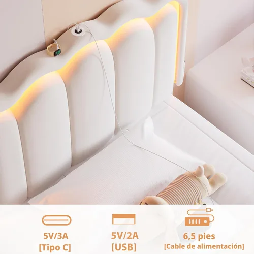 Miniatura 7 de Marco de cama LED tapizado individual con cajón de almacenamiento y cabecera doble ondulada ajustable, cama de plataforma de terciopelo estilo Beige