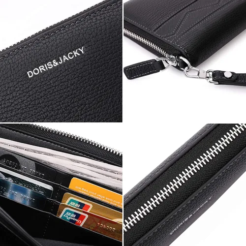 Miniatura 4 de DORISJACKY Cartera de cuero para hombre color negro larga y grande con cremallera alrededor del bolso de mano soporte para teléfono carteras