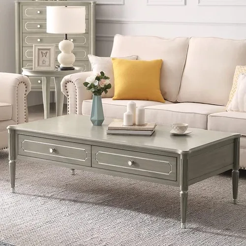 Miniatura 2 de Mesa de té para sala de estar, mesa de centro rectangular moderna con 2 cajones, mesa central creativa para sala de estar, mesa de café recortada