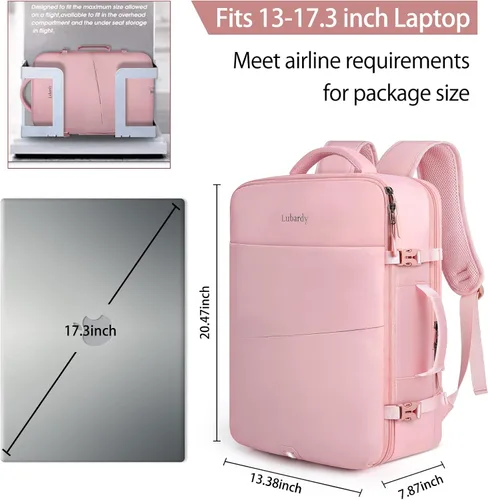 Miniatura 3 de Lubardy Mochila de viaje para laptop 40L, aprobada para vuelos, mochila de mano para hombres y mujeres, Grande, Viajes Rosa