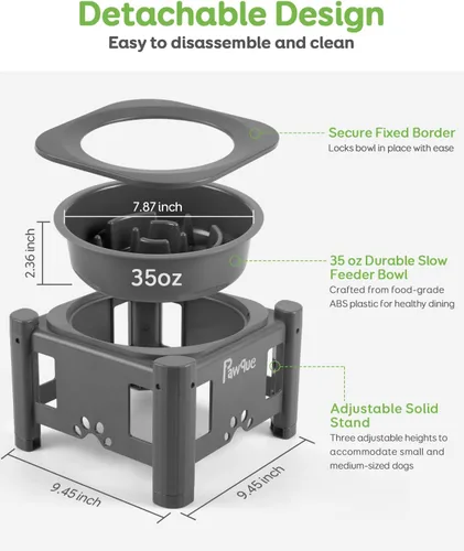 Miniatura 2 de Pawque Cuencos elevados de comida lenta para perros de 35 onzas con soporte ajustable (3 alturas de 6.1 pulgadas, 7.7 pulgadas, 9.3 pulgadas)