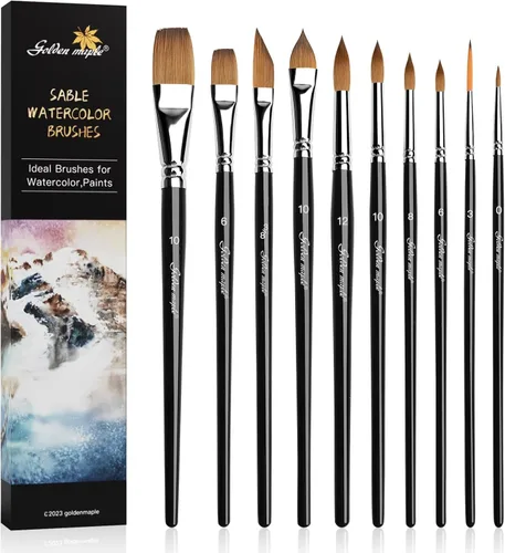 Juego de pinceles de acuarela profesional, 10 pinceles de acuarela para artistas, pinceles de pintura Golden Maple de sable con punta redonda,