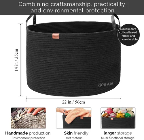 Miniatura 3 de GOCAN Cesta de almacenamiento extragrande para lavandería, 22 x 22 x 14 pulgadas, cuerda de algodón tejida para cesta de mantas con asas para sala