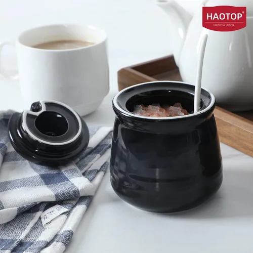 Miniatura 4 de Tazón de sal de porcelana con tapa y cuchara, azucarero de cerámica de 12 onzas (negro)