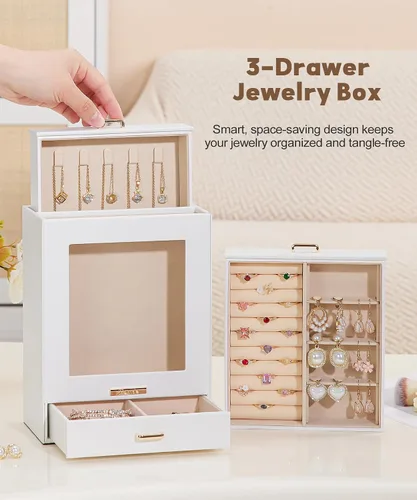 Miniatura 3 de Homde Organizador de joyas para niñas y mujeres, joyero para collares, anillos, aretes, regalo de Navidad, pulseras (blanco + dorado)