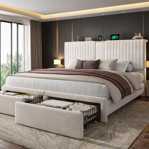 Miniatura 11 de Homkdom Base de cama Queen con cabecera de almacenamiento de terciopelo, 2 cajones grandes y 3 puertos de carga, base de cama de plataforma de 51.3