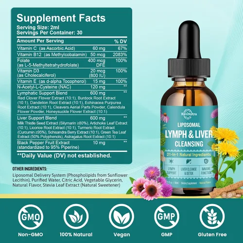 Miniatura 7 de Gotas de drenaje linfático liposomal, suplemento líquido de desintoxicación y reparación de limpieza del hígado con cardo mariano, diente de león