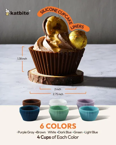Miniatura 3 de Katbite - Paquete de 24 tazas de silicona para hornear cupcakes, reutilizables, antiadherentes, resistentes, para hornear, muffins suaves y pálidos