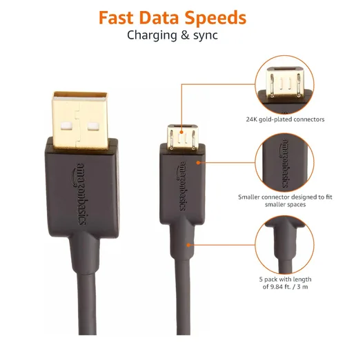 Miniatura 4 de Amazon Basics, Cable de carga USB-A a micro USB, velocidad de transferencia de 480 Mbps con conectores chapados en oro, USB 2.0, 3 pies, color negro