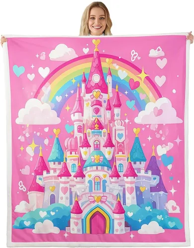 Miniatura 24 de Princess Flannel Blanket All Seasons,Rainbow Cloud Stars Butterfly Bed Blanket for Kawaii Home Decor,Dreamy Fairy Tale Castle Blanket for Kids Girls