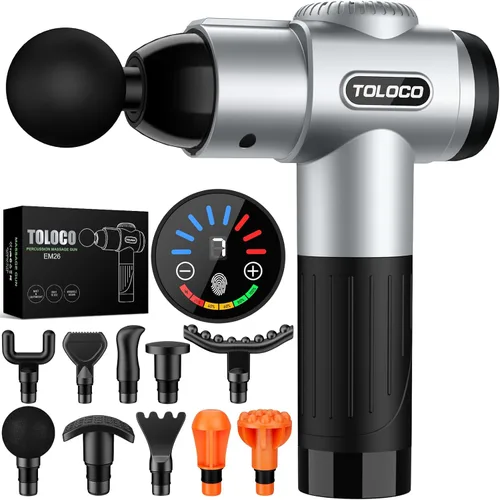 TOLOCO - Pistola de masaje muscular de percusión para deportistas, masajeador portátil de tejido profundo Plateado