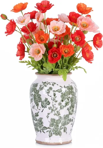 Jarrón vintage para flores, jarrones de cerámica chinoiserie verde, jarrón agrietado floral de granja para decoración pastoral del hogar, sala de