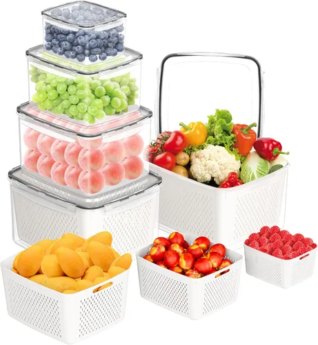 Recipientes de almacenamiento de frutas para nevera, 5 recipientes para poduce para refrigerador, con cesta de drenaje extraíble, mantiene la fruta,