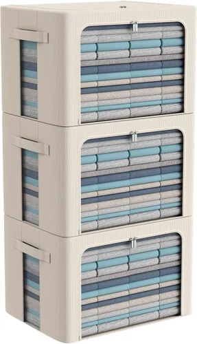 Miniatura 28 de Paquete de 3 cajas de almacenamiento con marco, bolsas de almacenamiento de ropa, tela Oxford, plegable, apilable, juego organizador con ventana