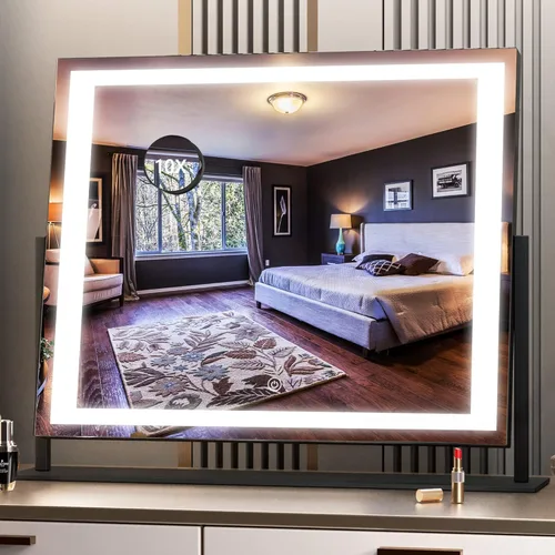 Hasipu Espejo de tocador con luces, espejo de maquillaje LED de 24.2 x 19.7 pulgadas, espejo iluminado con aumento de 10 veces y USB, soporte para