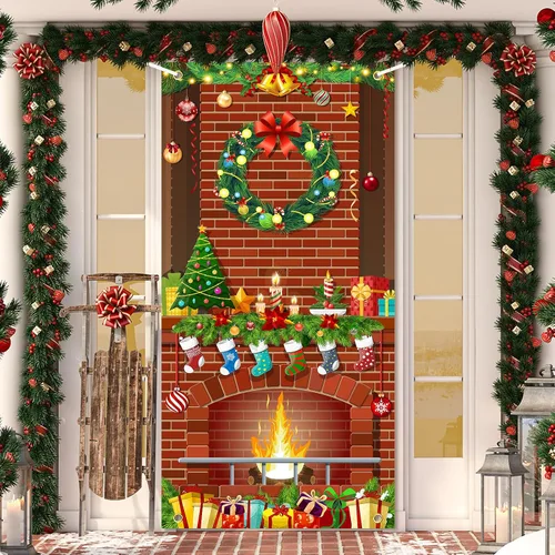 Miniatura 16 de Cubierta de puerta de Navidad, muñeco de nieve, decoración de fondo de fotografía grande, cartel de porche para invierno, interior y exterior