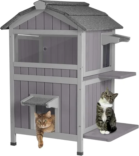 Aivituvin Casa para gatos al aire libre, resistente a la intemperie, refugio para gatos con puertas de escape, 2 pisos de madera para gatitos en