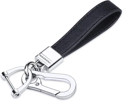QBUC Llavero universal de cuero genuino para automóvil, accesorios de metal resistente, llavero de automóvil con giro giratorio de 360 grados y Negro
