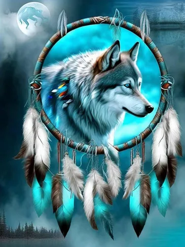 Wergund - Kits de pintura de diamantes para atrapasueños de lobo, kits de pintura de diamantes para adultos y niños, bordado de diamantes de