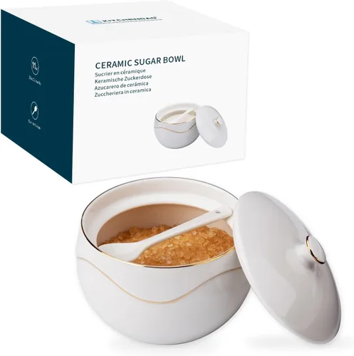 KITCHENDAO Azucarero de porcelana con tapa y cuchara, sin polvo, recipiente de cerámica para encimera, cocina, café, lavavajillas, horno y