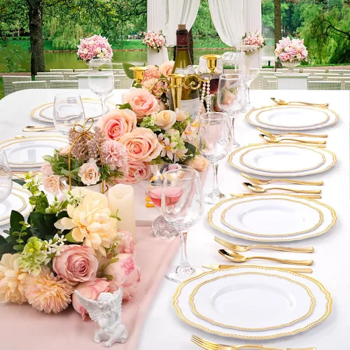 Miniatura 6 de Hioasis 60 platos de plástico dorados, vajilla desechable blanca y dorada con borde dorado, resistente, 7.5 pulgadas, platos de postre para fiestas