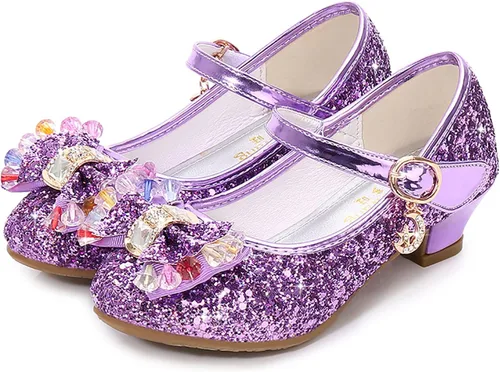 Zapatos de princesa para niños y niñas, con lentejuelas y diamantes de imitación, zapatos de baile de cristal para niños (morado, 5 años)