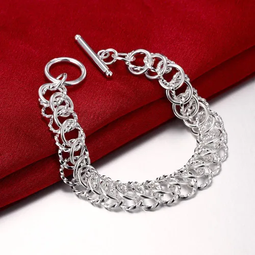 Miniatura 4 de NA BEAUTY Pulsera con cadena articulada trenzada de 2 capas, de plata, con corte de diamante y lazos polacos, con botón de cierre de 8