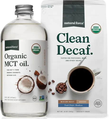 Natural Force Paquete de café descafeinado orgánico molido limpio + aceite MCT orgánico – 100% puro coco MCT y café libre de moho y micotoxinas –