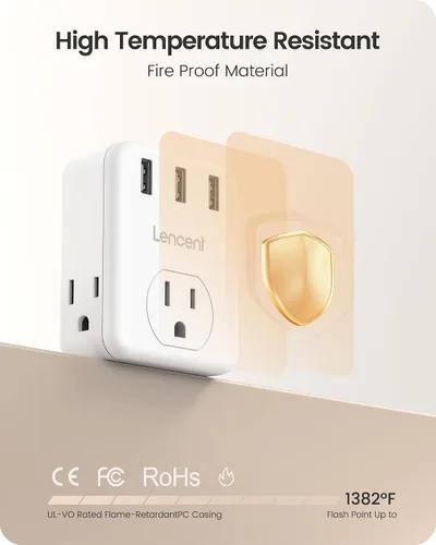 Miniatura 5 de LENCENT Adaptador de 3 clavijas a 2 clavijas, paquete de 2, extensor de 3 tomas de corriente con 3 puertos USB, cargador de pared, divisor extensor
