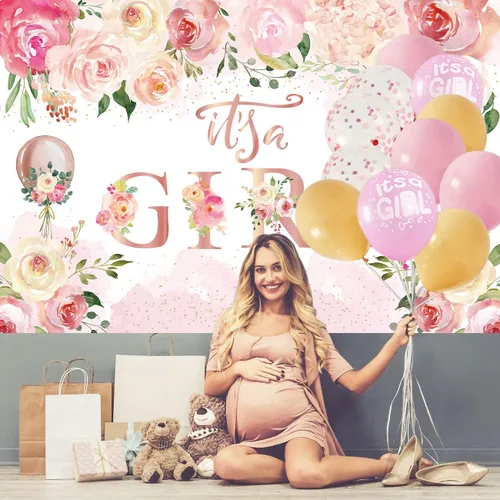 Miniatura 4 de Decoraciones de baby shower para niña, globos de baby shower con temática floral, letrero de fondo para fiesta de revelación de género