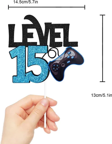 Miniatura 4 de Decoración para pastel de cumpleaños de nivel 15 – Videojuego de 15 cumpleaños para niño de 15 años, suministros de pastel azul – Decoración