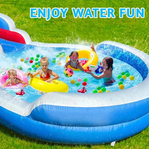 Miniatura 2 de Tobogán acuático inflable de grado para niños de 22 pies con gran piscina de salpicaduras, parque acuático azul resistente para niños con soplador