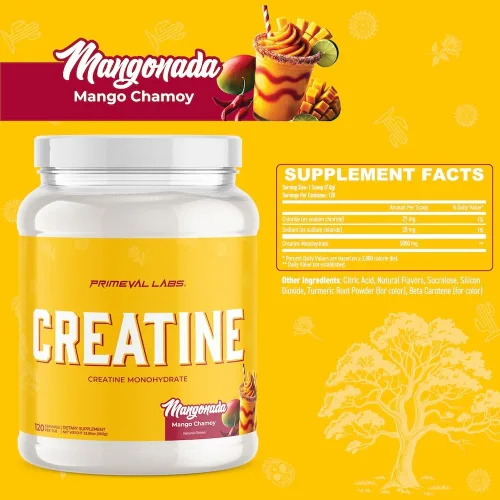 Miniatura 3 de Primeval Labs Clean Creatine Monohydrate Powder Polvo saborizado para fuerza muscular y recuperación Sabores latinos Aqua Fresca Suplemento