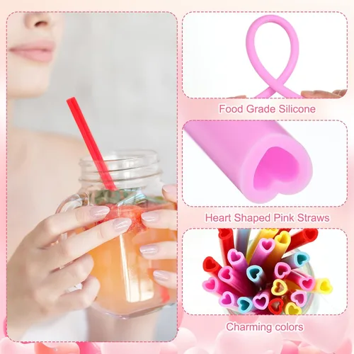 Miniatura 3 de Jutom Paquete de 25 pajitas en forma de corazón de San Valentín de 9.8 pulgadas reutilizables de silicona con 2 cepillos de limpieza para regalos