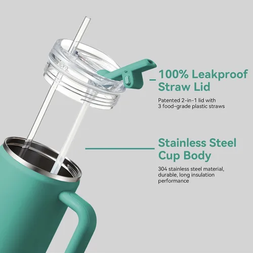 Miniatura 4 de Gpeng 30/40/50 oz Vaso con asa, botellas de agua con tapa de popote, taza de viaje de acero inoxidable aislada compatible con portavasos, mantiene
