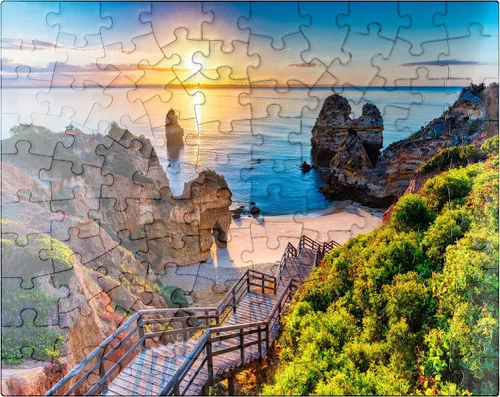 MyPuzzle Camilo Beach (Praia Do Camilo) con mar turquesa en el fondo, Lagos, Algarve, Portugal, rompecabezas prémium de 100 piezas para adultos